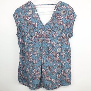 DR2 Blue Floral Paisley Flowing Cap Sleeve Blouse